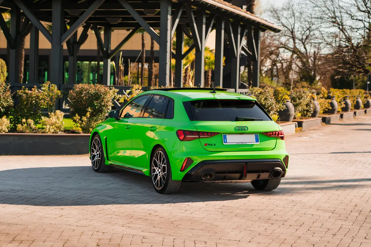Audi RS3 Restyling 2025, exterior — Venice Lux Car Rental, Venice. The 2025 Audi RS3 Restyling keeps its footprint compact while putting 400 hp through a…