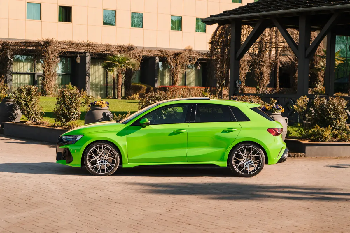 Audi RS3 Restyling 2025, front view — Venice Lux Car Rental, Venice. The 2025 Audi RS3 Restyling keeps its footprint compact while putting 400 hp through a…