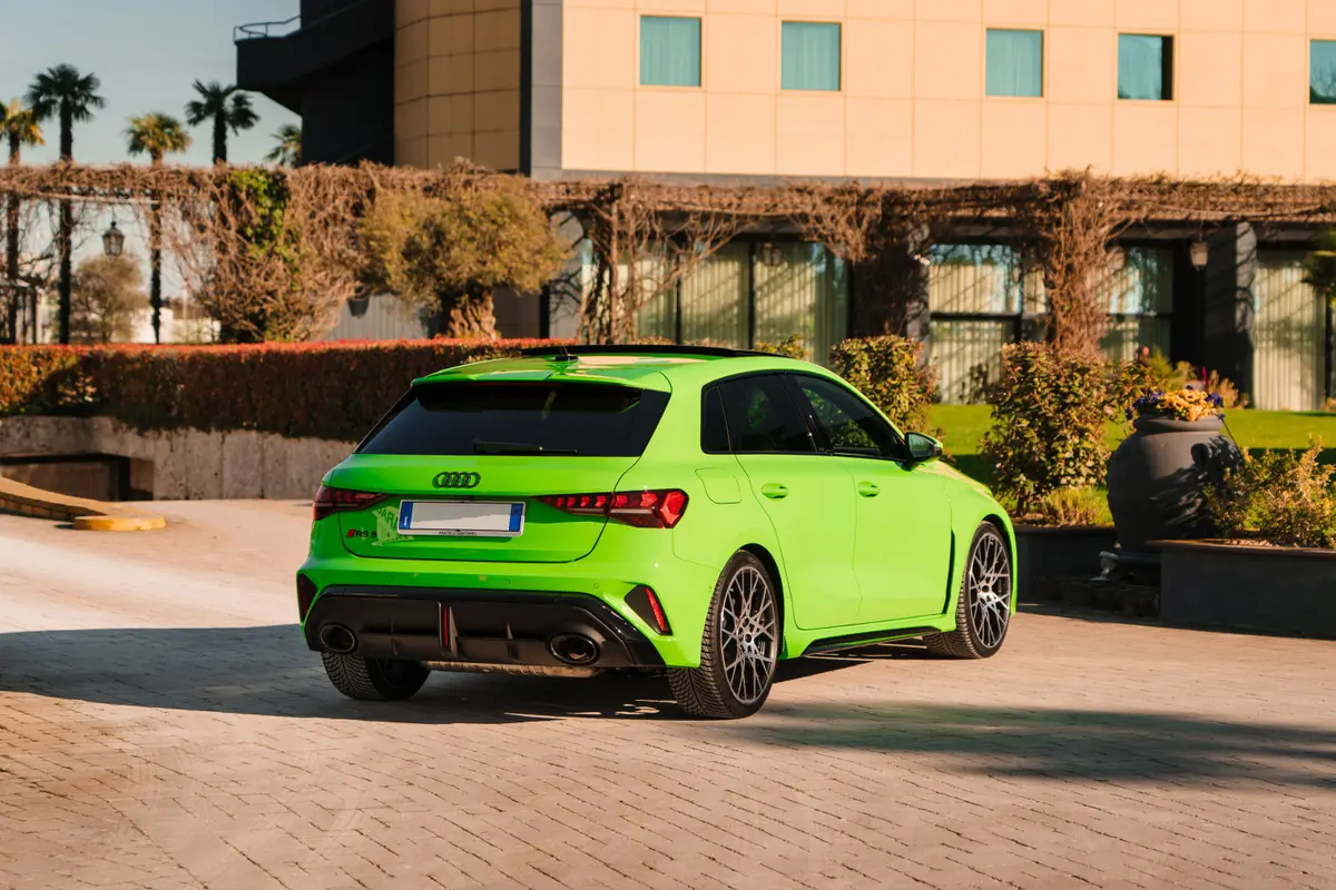 Audi RS3 Restyling 2025, rear view — Venice Lux Car Rental, Venice. The 2025 Audi RS3 Restyling keeps its footprint compact while putting 400 hp through a…