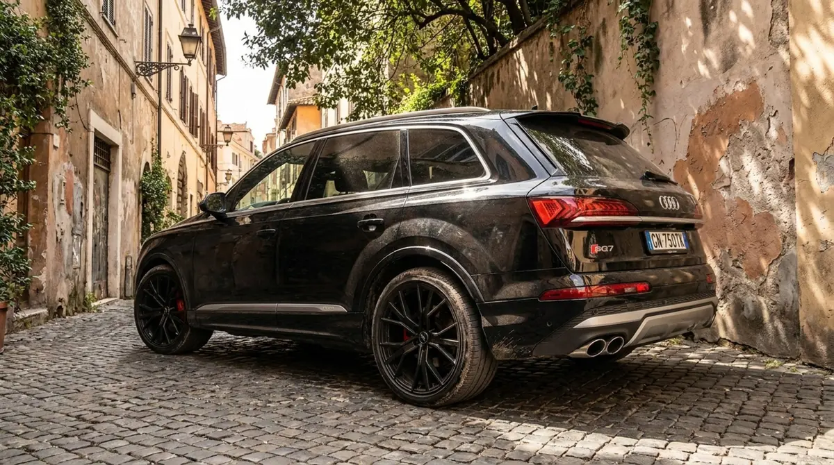 Audi SQ7 7seater 2023, front view — Venice Lux Car Rental, Venice. The Audi SQ7 pairs a 530 hp V8 with genuine seven-seat capacity, which is the detail that…