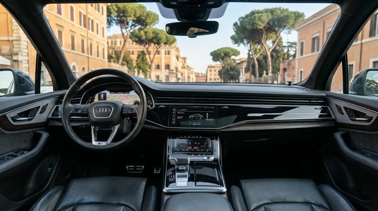 Audi SQ7 7seater 2023, rear view — Venice Lux Car Rental, Venice. The Audi SQ7 pairs a 530 hp V8 with genuine seven-seat capacity, which is the detail that…