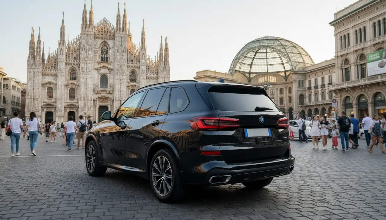 BMW X5 4.0i M 2025, exterior — Venice Lux Car Rental, Venice. The BMW X5 4.0i M brings 381 hp to a body that still reads as a family SUV rather than a…
