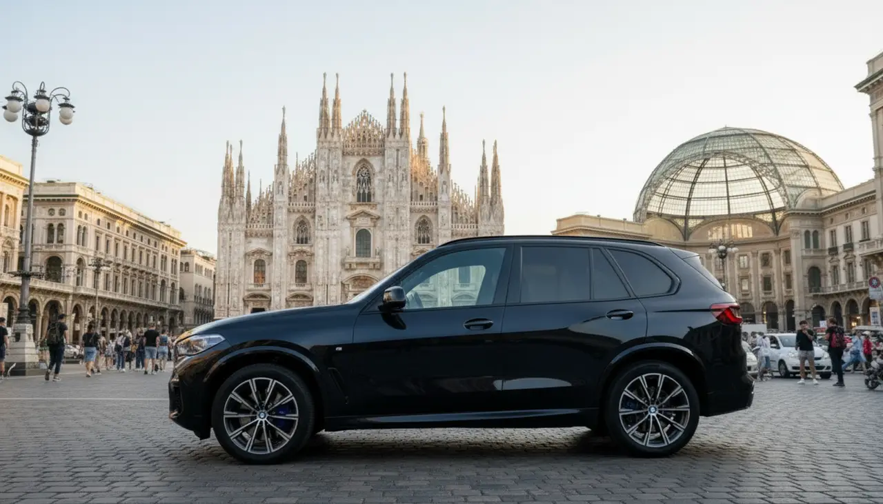BMW X5 4.0i M 2025, rear view — Venice Lux Car Rental, Venice. The BMW X5 4.0i M brings 381 hp to a body that still reads as a family SUV rather than a…