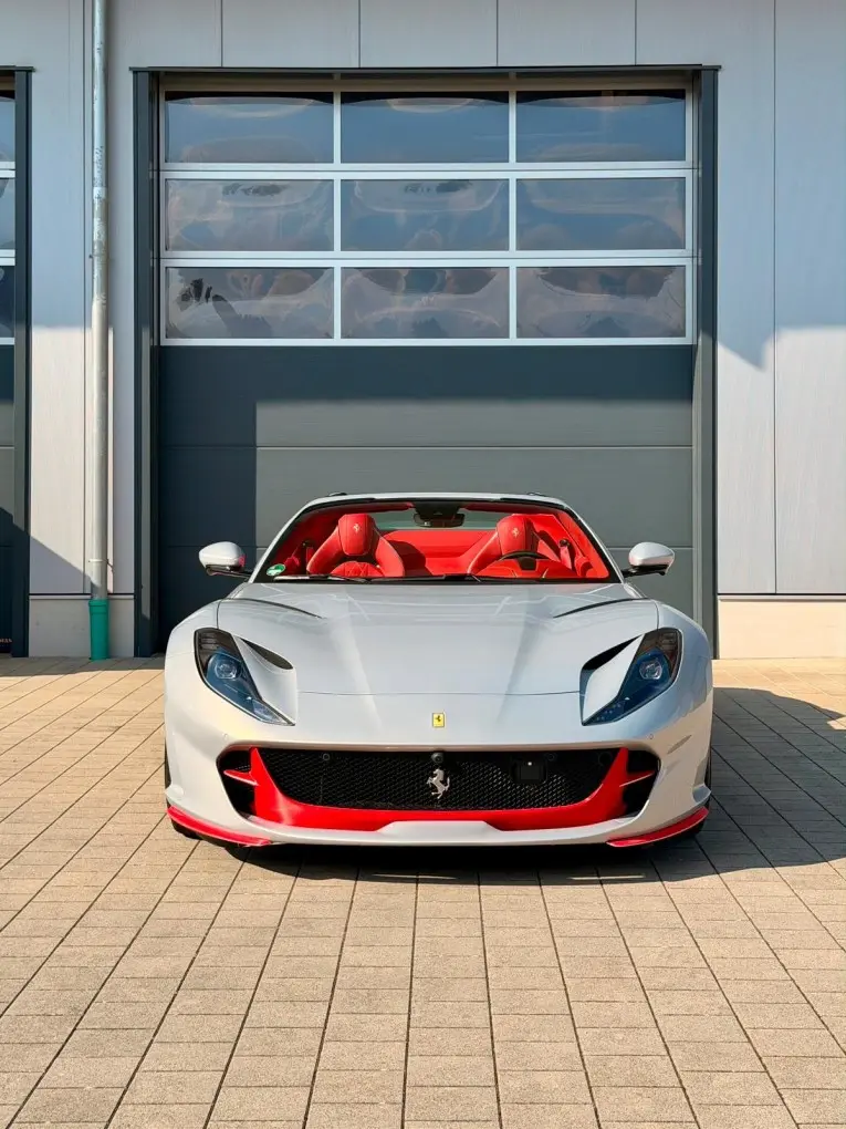 Ferrari 812 GTS 2024, front view — Venice Lux Car Rental, Venice. The Ferrari 812 GTS pairs a 789 hp naturally aspirated V12 with a folding hard top, a…