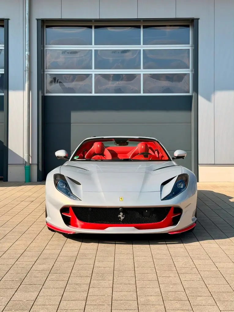 Ferrari 812 GTS 2024, front view — Venice Lux Car Rental, Venice. The Ferrari 812 GTS pairs a 789 hp naturally aspirated V12 with a folding hard top, a…