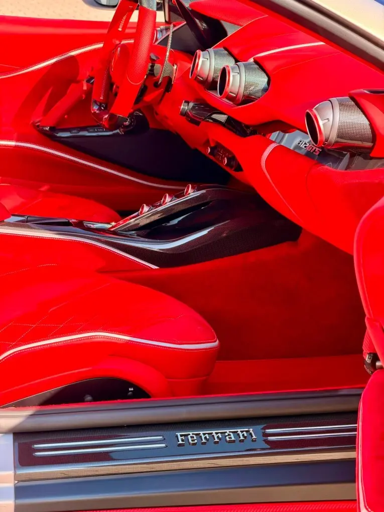 Ferrari 812 GTS 2024, interior — Venice Lux Car Rental, Venice. The Ferrari 812 GTS pairs a 789 hp naturally aspirated V12 with a folding hard top, a…