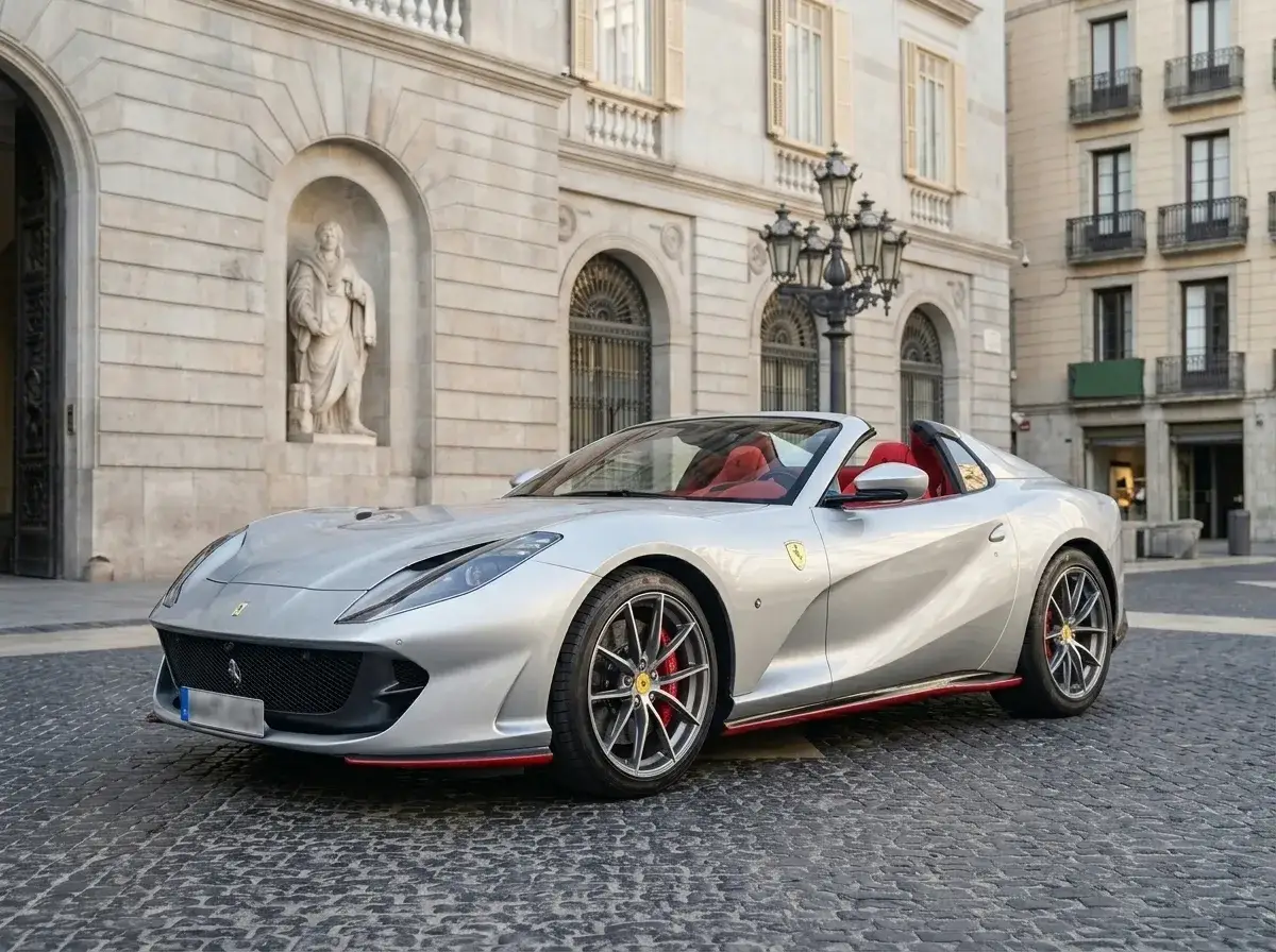 Ferrari 812 GTS 2024, side profile — Venice Lux Car Rental, Venice. The Ferrari 812 GTS pairs a 789 hp naturally aspirated V12 with a folding hard top, a…