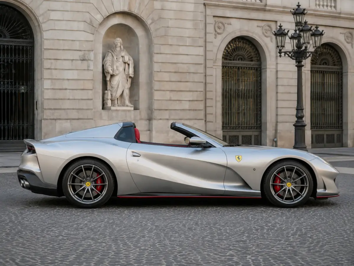 Ferrari 812 GTS 2024, side profile — Venice Lux Car Rental, Venice. The 2024 Ferrari 812 GTS puts 800 hp behind two seats and leaves little room for…
