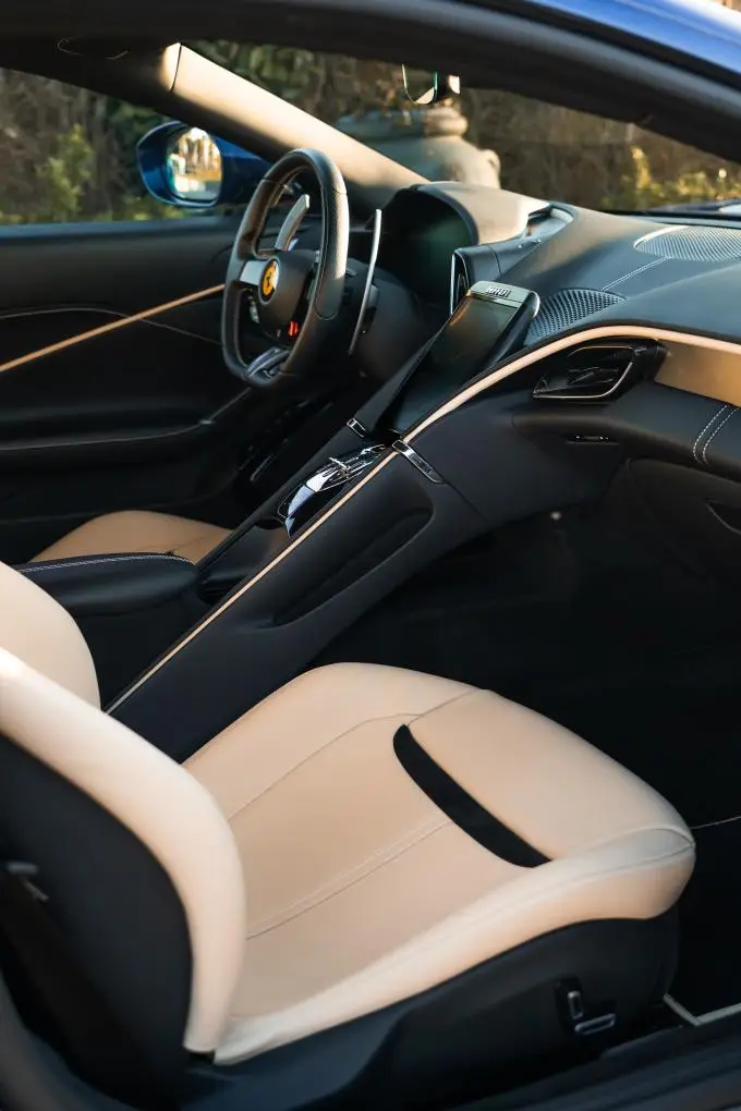 Ferrari Roma 2025, exterior — Venice Lux Car Rental, Venice. The Ferrari Roma reads as a grand tourer rather than a pure track weapon, which is…