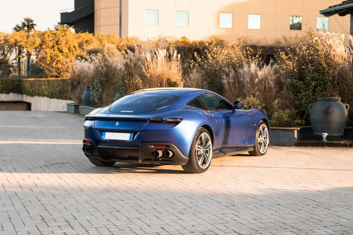 Ferrari Roma 2025, front view — Venice Lux Car Rental, Venice. The Ferrari Roma reads as a grand tourer rather than a pure track weapon, which is…