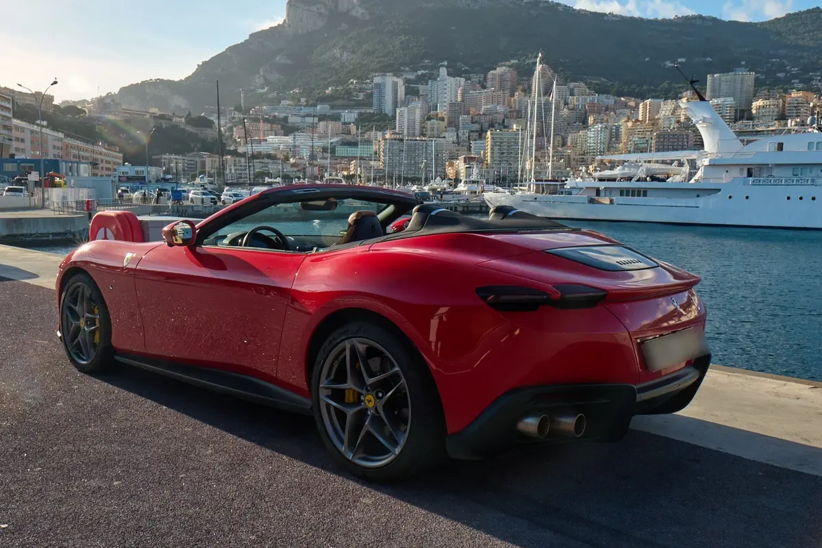 Ferrari Roma Spider 2024, front view — Venice Lux Car Rental, Venice. The Ferrari Roma Spider pairs 620 hp with a soft-top that drops in seconds, built for…