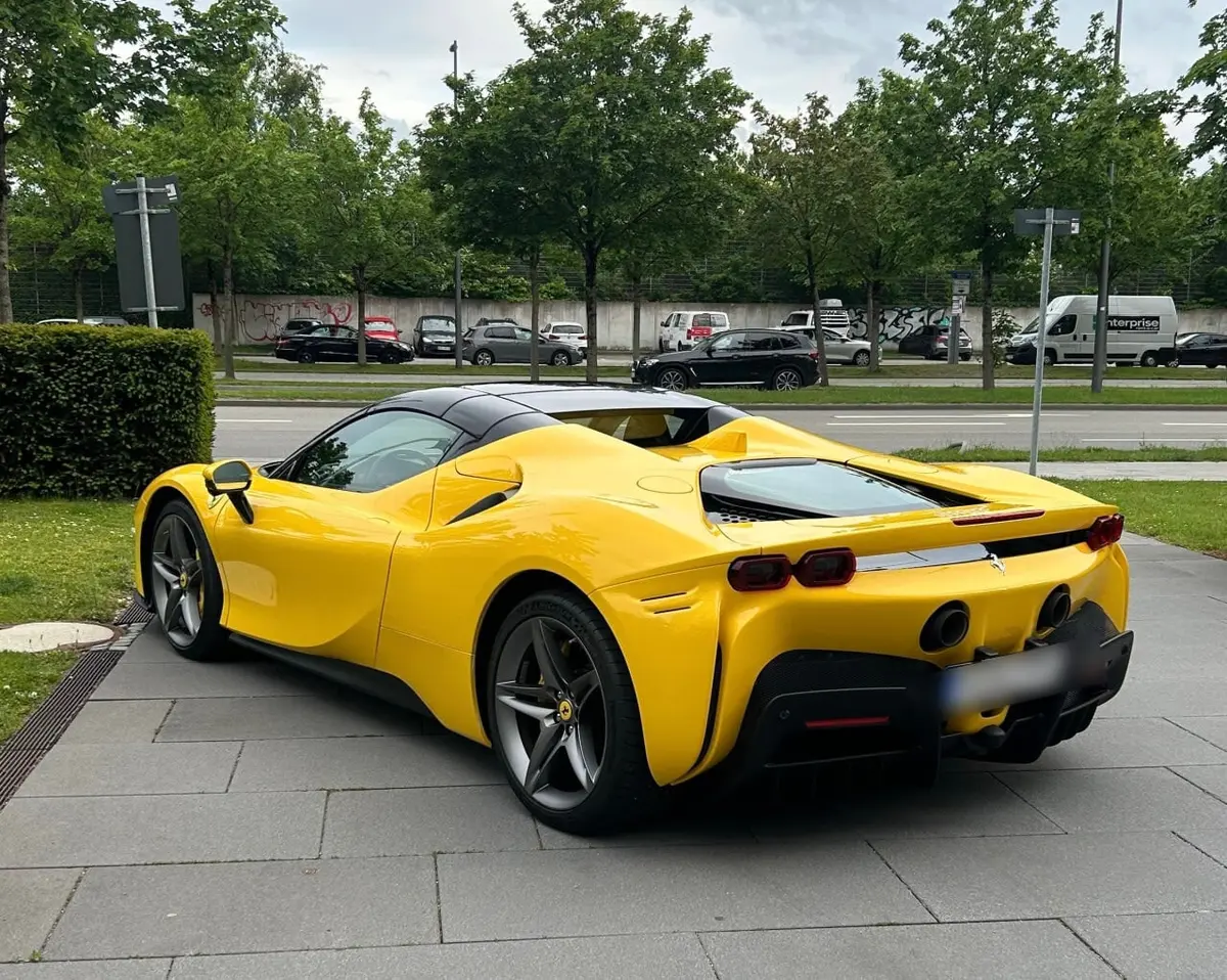 Ferrari SF90 Spider 2024, front view — Venice Lux Car Rental, Venice. The Ferrari SF90 Spider sits at the top of what a two-seat convertible can do: 986 hp…