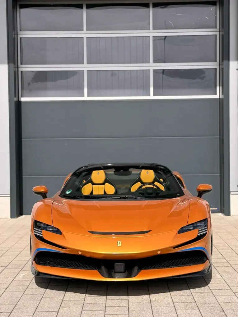 Ferrari SF90 Spider Tailor Made 2025, front view — Venice Lux Car Rental, Venice. The Ferrari SF90 Spider Tailor Made sits at the top of the plug-in hybrid line, pairing a…