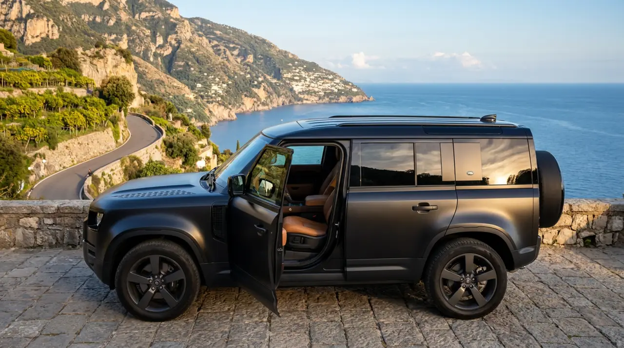 Land Rover Defender 2024, interior — Venice Lux Car Rental, Venice. The 2024 Land Rover Defender pairs a commanding driving position with genuine seven-seat…