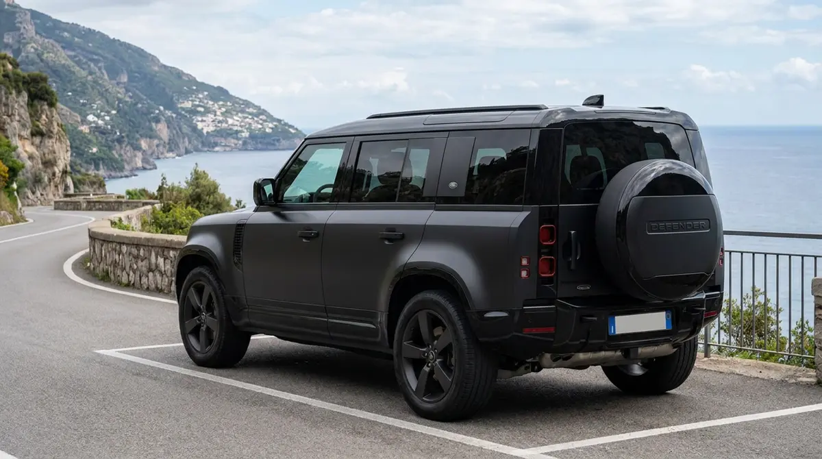 Land Rover Defender 2024, dashboard — Venice Lux Car Rental, Venice. The 2024 Land Rover Defender pairs a commanding driving position with genuine seven-seat…