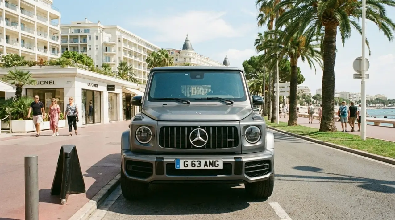 Mercedes Benz G63 2023, rear view — Venice Lux Car Rental, Venice. The 2023 Mercedes Benz G63 keeps its slab-sided silhouette and upright stance while…