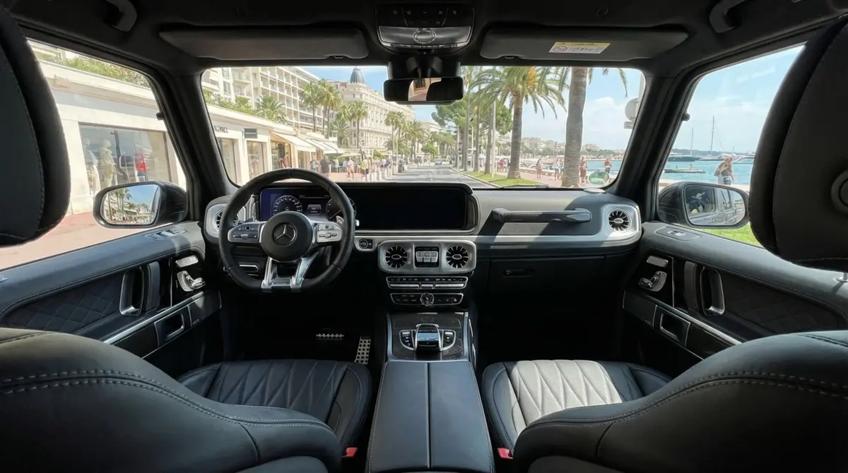 Mercedes Benz G63 2023, interior — Venice Lux Car Rental, Venice. The 2023 Mercedes Benz G63 keeps its slab-sided silhouette and upright stance while…