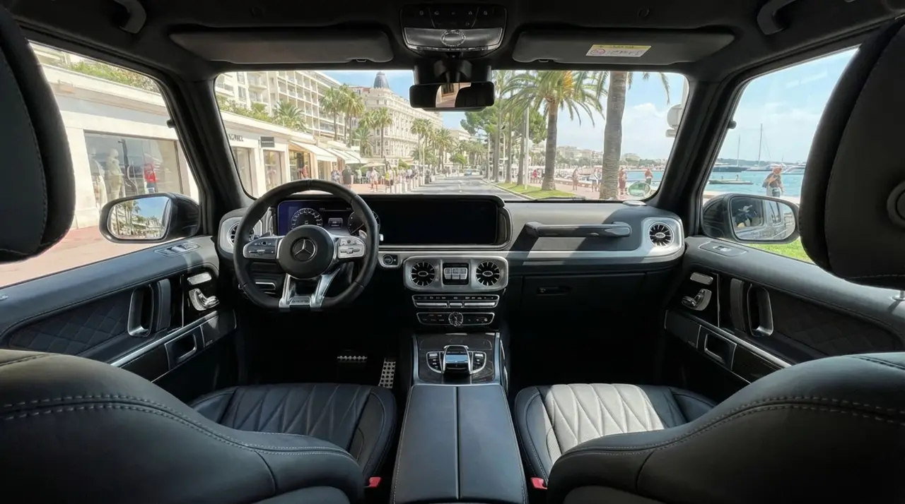 Mercedes Benz G63 2023, interior — Venice Lux Car Rental, Venice. The 2023 Mercedes Benz G63 keeps its slab-sided silhouette and upright stance while…