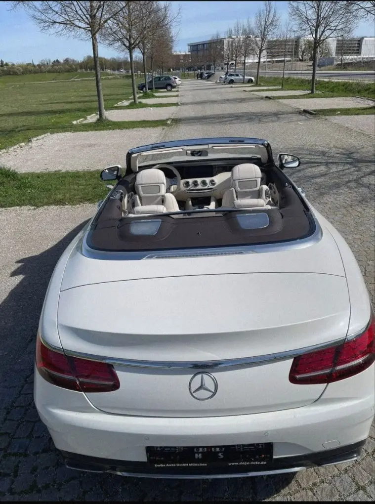 Mercedes Benz S560 Cabrio 2021, front view — Venice Lux Car Rental, Venice. The S560 Cabrio pairs a 469 hp V8 with the weight and hush of Mercedes' flagship saloon,…