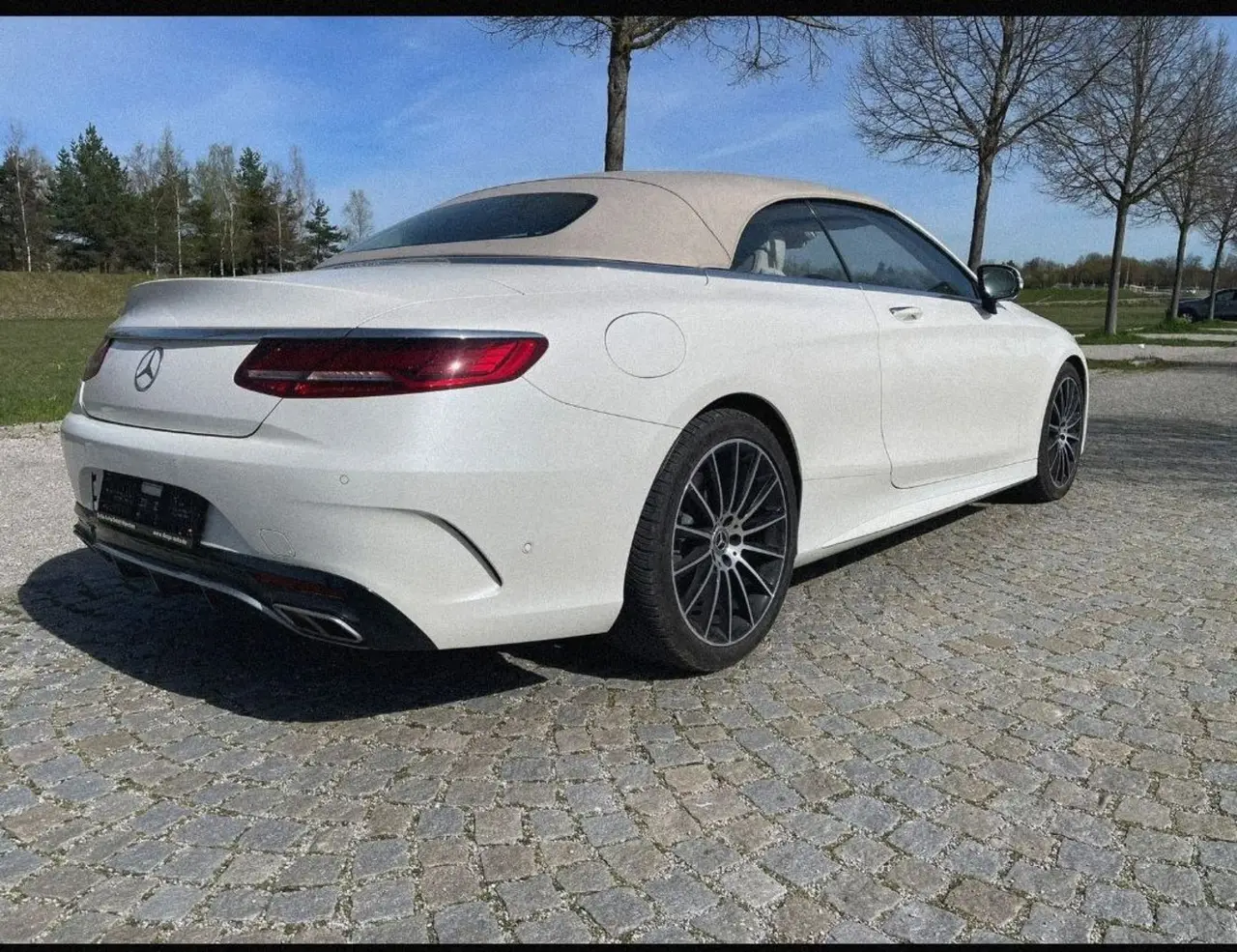 Mercedes Benz S560 Cabrio 2021, rear view — Venice Lux Car Rental, Venice. The S560 Cabrio pairs a 469 hp V8 with the weight and hush of Mercedes' flagship saloon,…