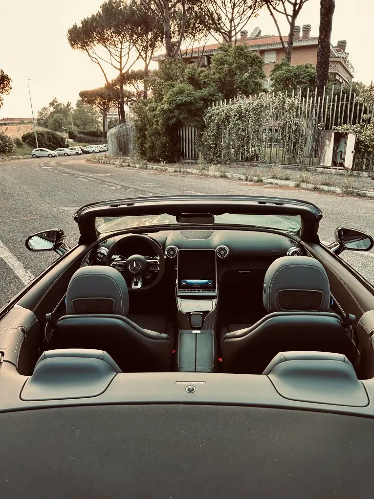 Mercedes Benz SL63 Cabrio 2023, interior — Venice Lux Car Rental, Venice. The Mercedes Benz SL63 Cabrio pairs a 585 hp V8 with four seats, a rare combination in…