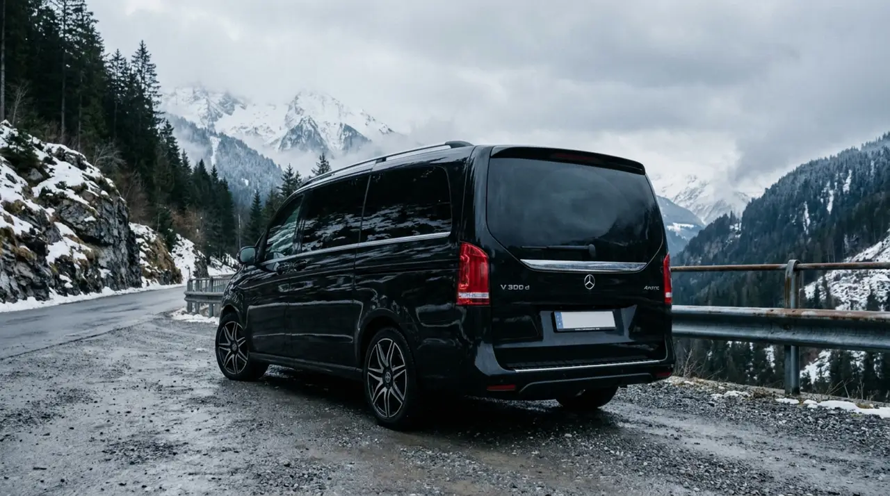 Mercedes Benz V300 8 seats 2025, front view — Venice Lux Car Rental, Venice. The Mercedes Benz V300 is the practical answer when a group needs to move together rather…