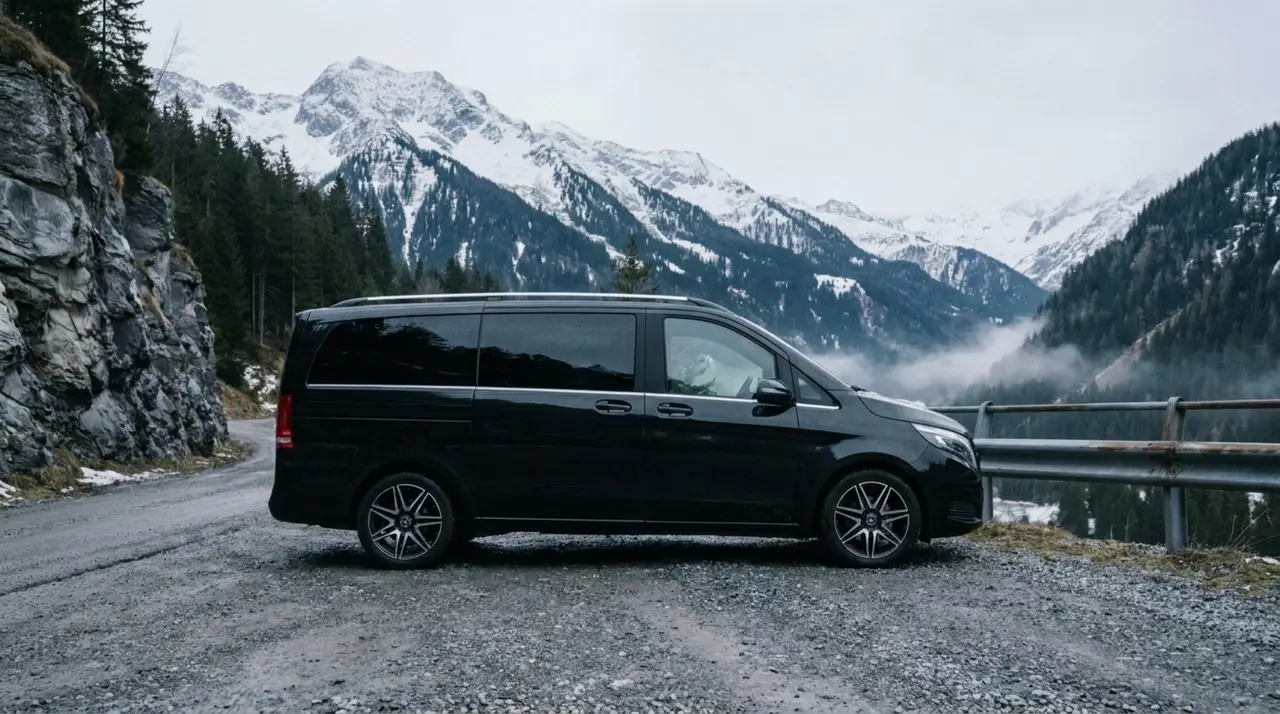 Mercedes Benz V300 8 seats 2025, rear view — Venice Lux Car Rental, Venice. The Mercedes Benz V300 is the practical answer when a group needs to move together rather…