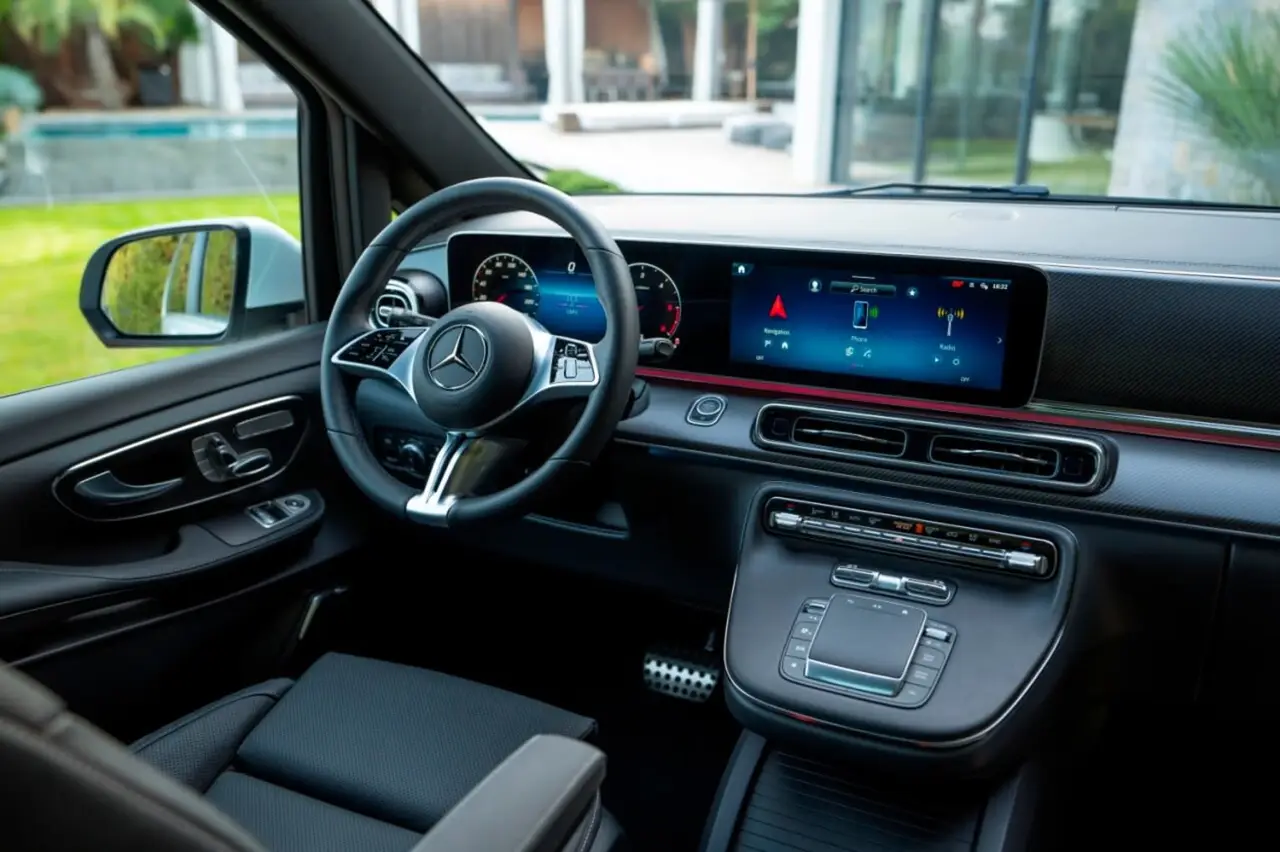 Mercedes Benz V300 8 seats 2025, dashboard — Venice Lux Car Rental, Venice. The Mercedes Benz V300 is the practical answer when a group needs to move together rather…