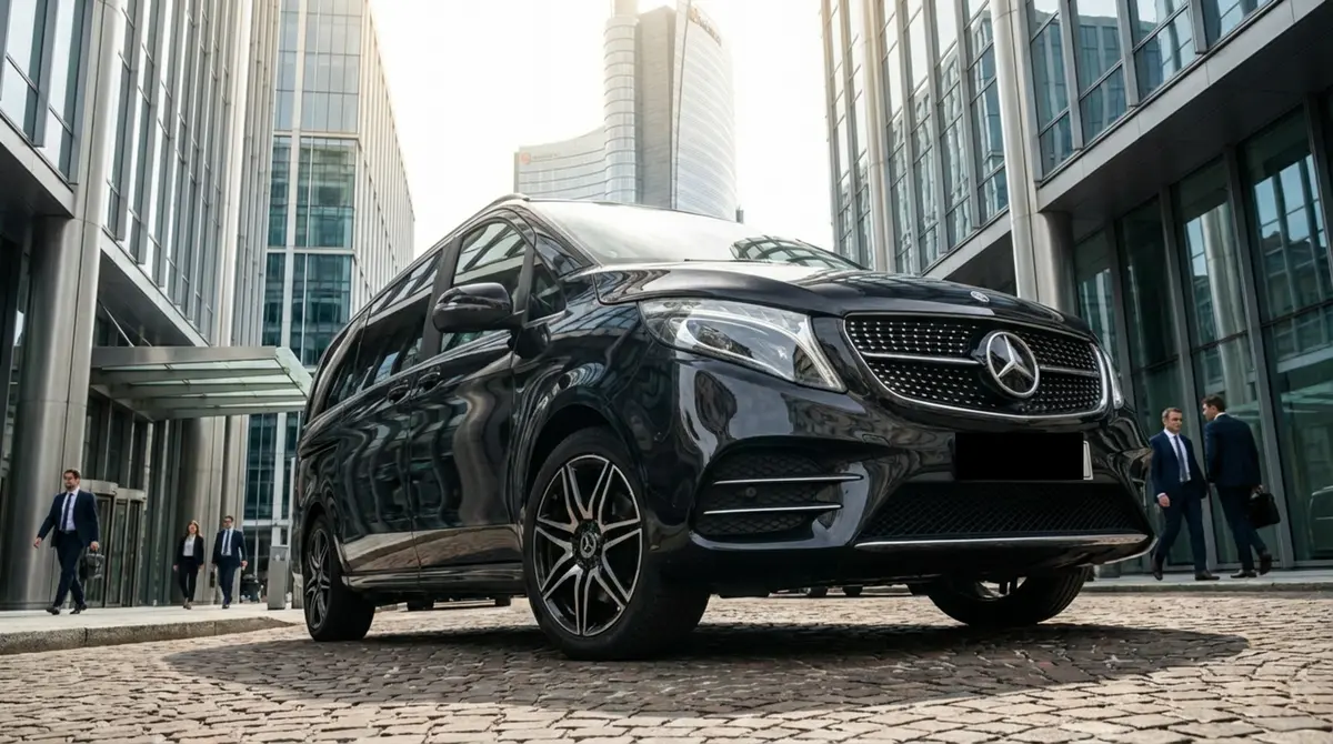 Mercedes V Class 2026, exterior — Venice Lux Car Rental, Venice. The 2026 Mercedes Benz V Class is built for groups who need to move together without…