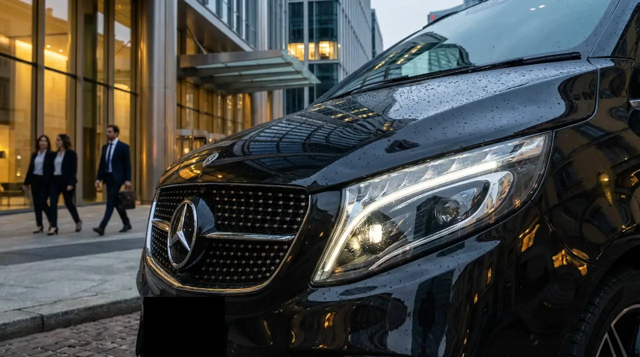 Mercedes V Class 2026, front view — Venice Lux Car Rental, Venice. The 2026 Mercedes Benz V Class is built for groups who need to move together without…