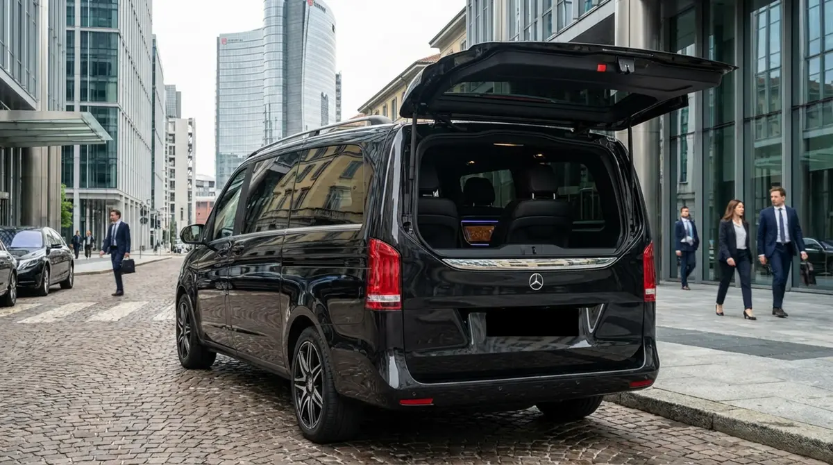 Mercedes V Class 2026, rear view — Venice Lux Car Rental, Venice. The 2026 Mercedes Benz V Class is built for groups who need to move together without…