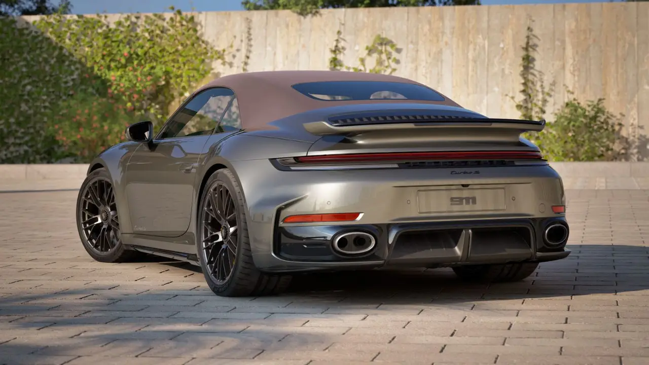 Porsche 911 992 Carrera Turbo S Cabrio 2026, exterior — Venice Lux Car Rental, Venice. The 2026 Porsche 911 992 Carrera Turbo S Cabrio carries 650 hp with the calm confidence…