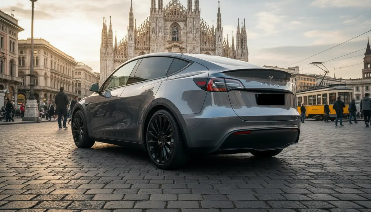 Tesla Model Y Long Range 2023, exterior — Venice Lux Car Rental, Venice. The Tesla Model Y Long Range skips the drama and gets on with the job: 378 hp delivered…