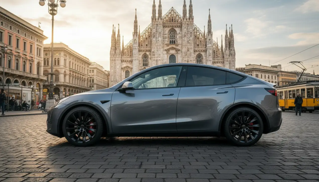 Tesla Model Y Long Range 2023, rear view — Venice Lux Car Rental, Venice. The Tesla Model Y Long Range skips the drama and gets on with the job: 378 hp delivered…